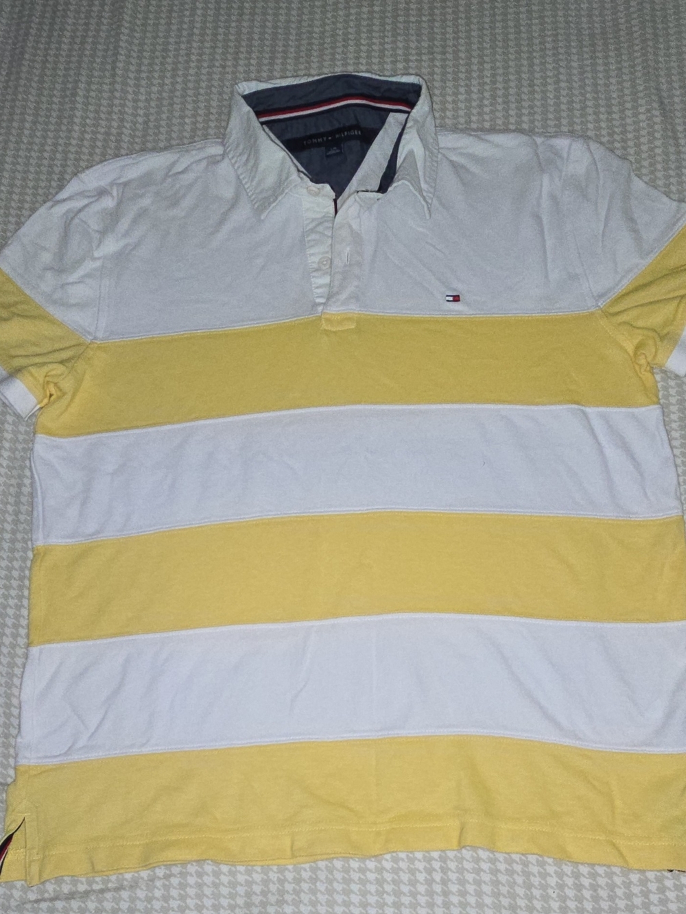 Tommy Hilfiger Yellow and White Striped Pique Polo Shirt Men's Large